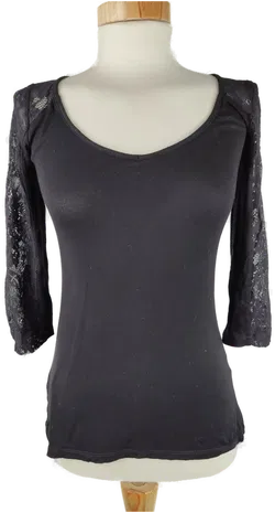 T-Shirt dreiviertelarm mit Rundhalsausschnitt, schwarz mit Spitze, Größe S (geschätzt) - Bild 1