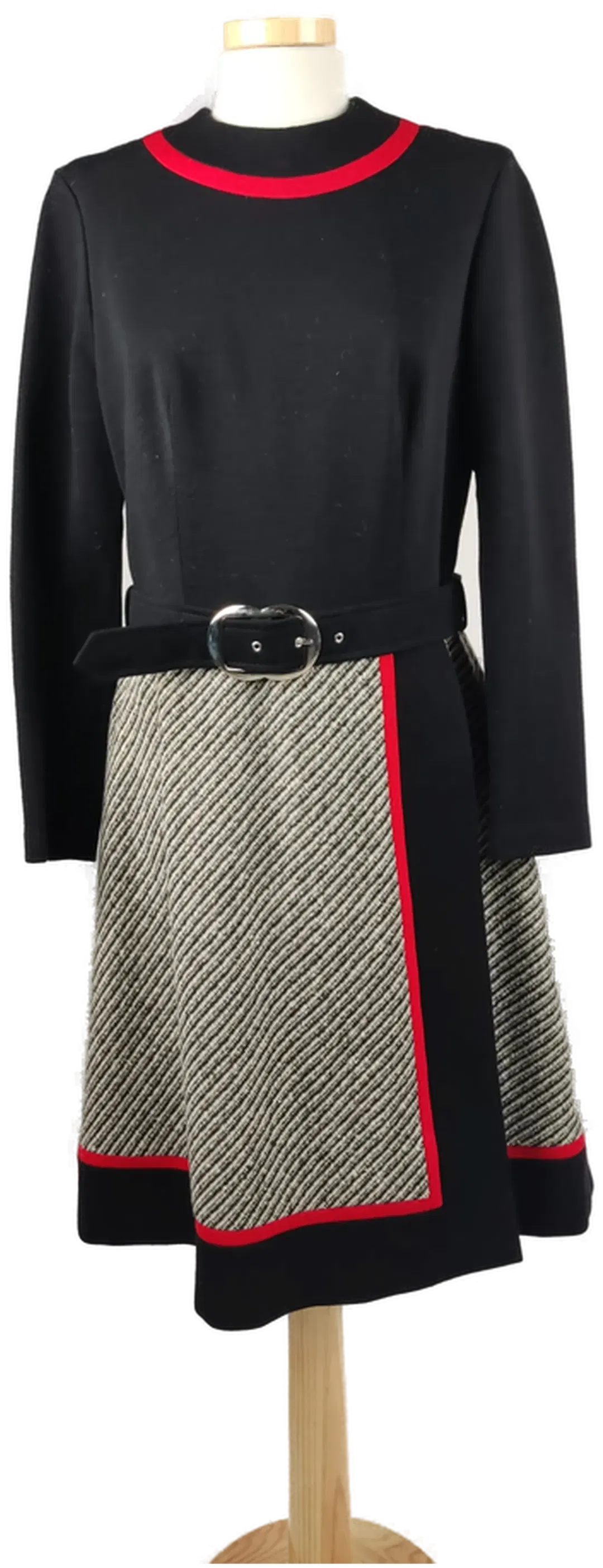 Vintage-Winterkleid mit Gürtel schwarz-rot-grau - L/40 - Bild 4