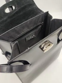 Furla - Große Vintage Schultertasche, Lackleder schwarz - Bild 8