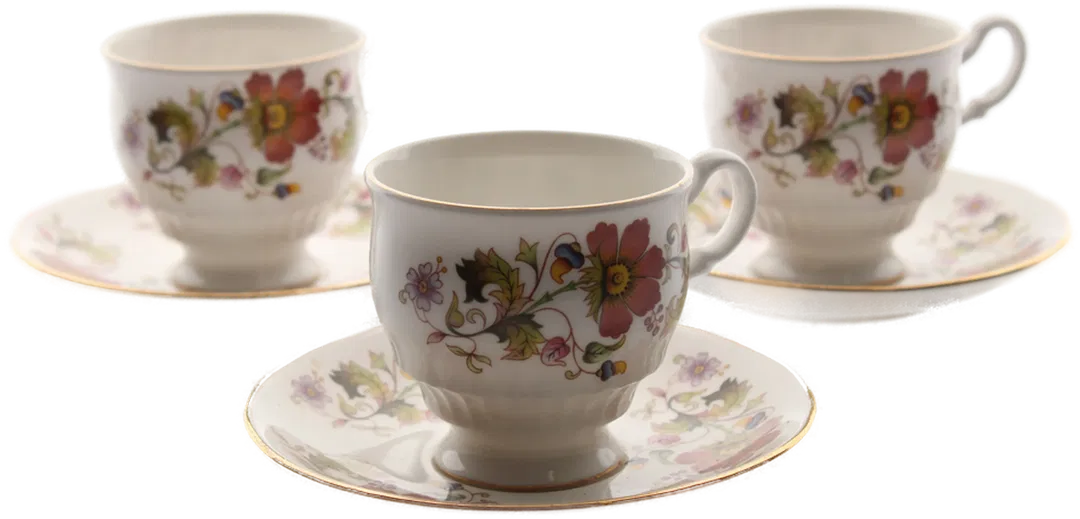 Royal Kent Bone China Tassen & Untertassen – Blumenmotiv mit Goldrand, 6-teilig - Bild 1