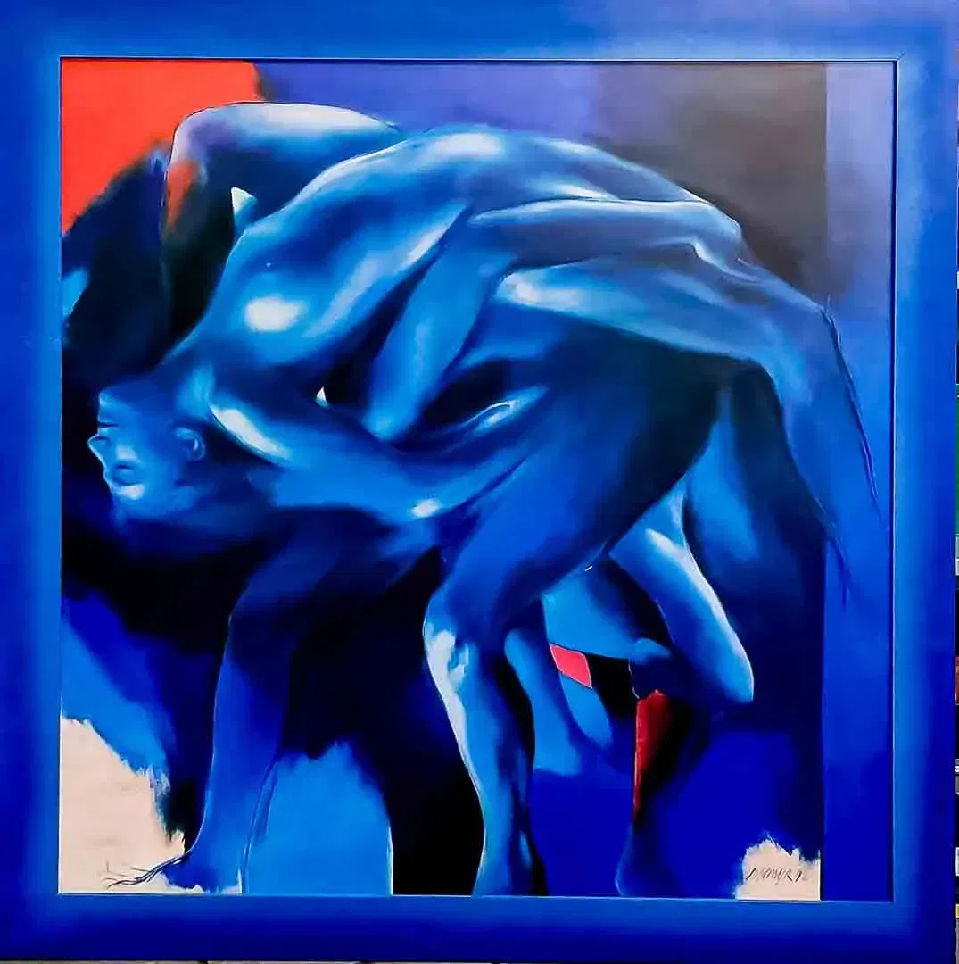 Großes Aktbild „Blaue Körper“ auf Spannholz im blauen Rahmen 109x109 cm - Bild 1