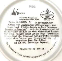 Hutschenreuther Sammelteller 1986 - „Kohlmeise“ von Ursula Band (Teller 2550 E) - Bild 3