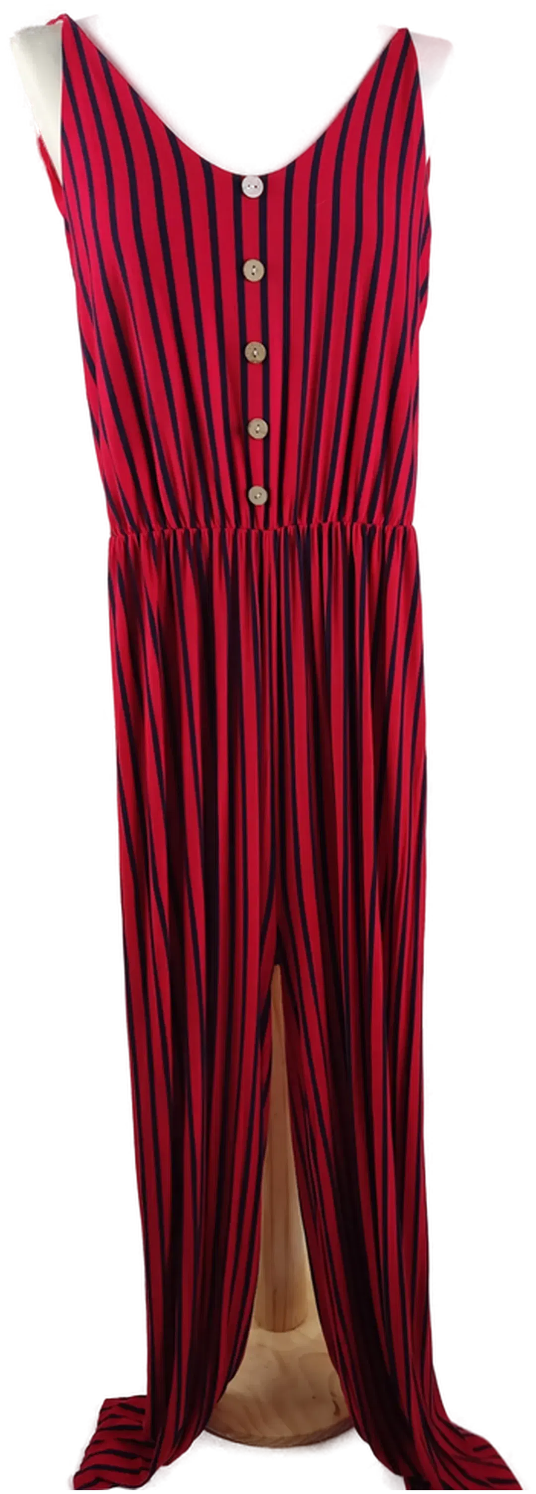 Damen Jumpsuit Ärmellos, rot mit blauen Streifen und Knopfdetail, Gr. M - Bild 1