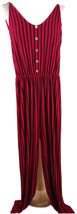 Damen Jumpsuit Ärmellos, rot mit blauen Streifen und Knopfdetail, Gr. M - Bild 1