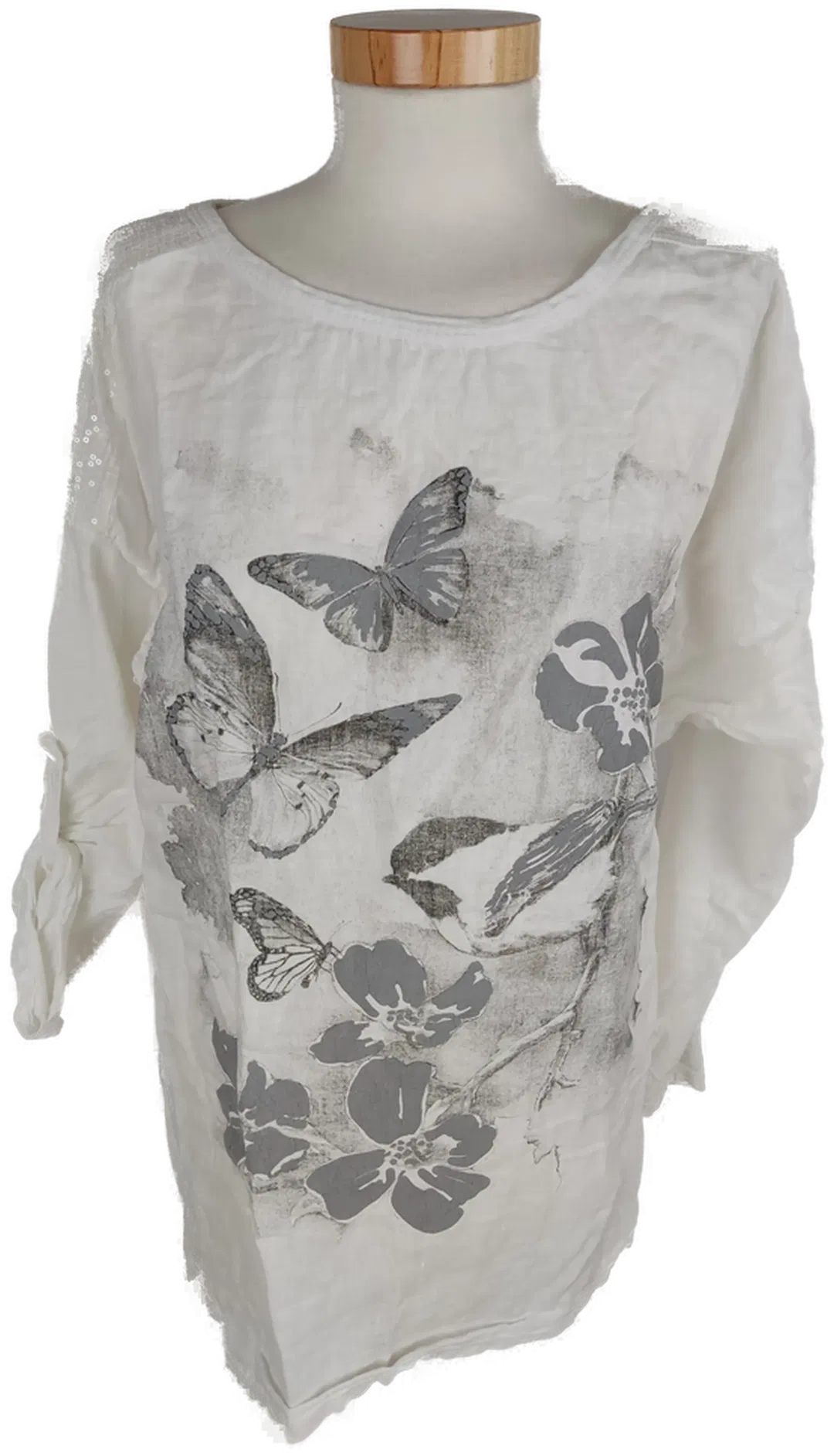 T-Shirt dreiviertelarm mit Rundhalsausschnitt, weiß mit Aufdruck, Größe 40 (geschätzt) - Bild 1