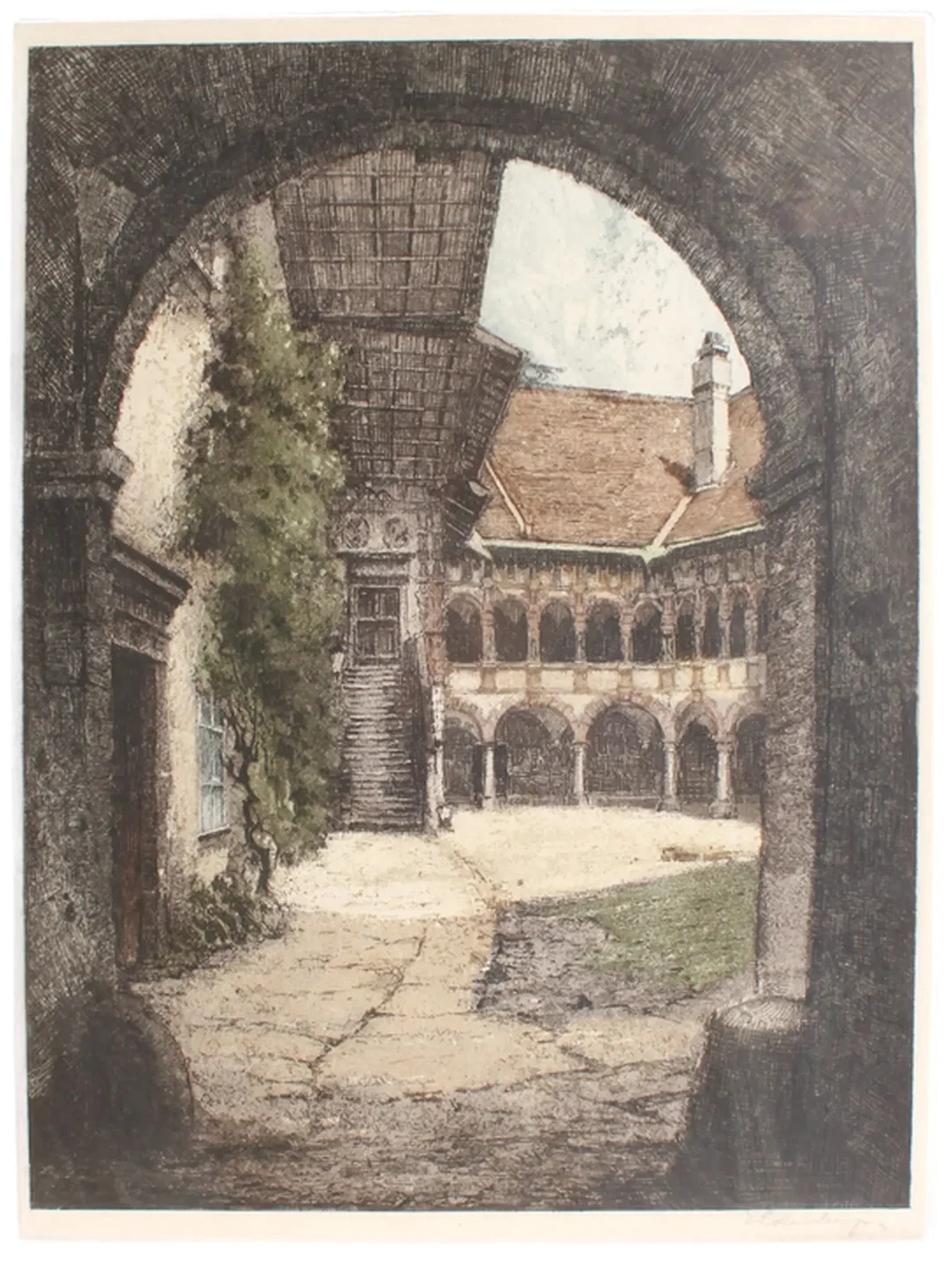 Bild Josef Eidenberger – Farbradierung (koloriert) „Arkadenhof / Innenhof“ – gerahmt – Bild 2