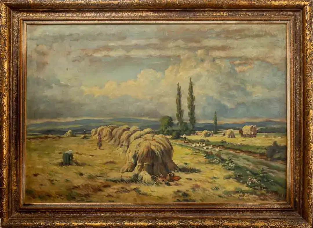 Vintage Bild Gemälde mit Geschichte Öl auf Leinwand Landschaft Bauern Feld Arbeit Heuballen Signiert 1948 - Bild 1