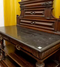 Vintage Antiker Ladentisch mit Aufsatz (Stein-Platte), Schnitzereien, L 132 cm, Holz - Bild 6