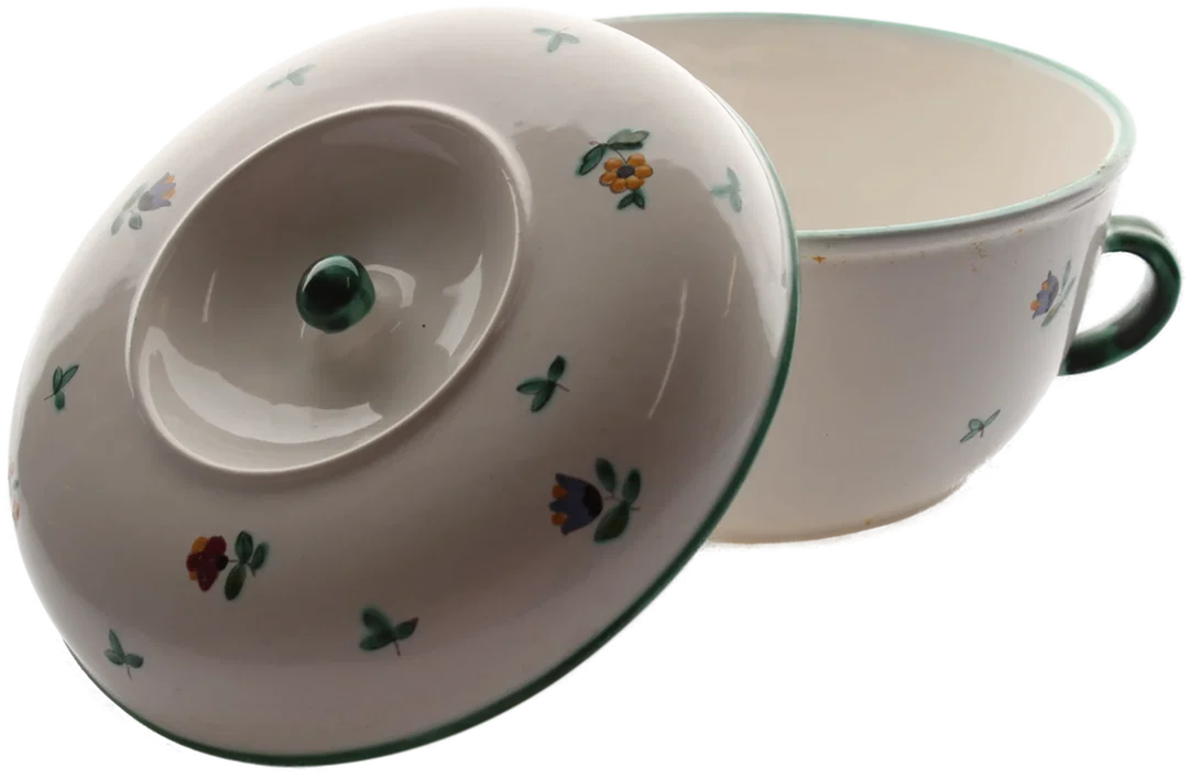 Gmundner Keramik Schüssel mit Deckel & Henkeln | Handbemalt | Streublumen-Dekor | Vintage – Bild 2