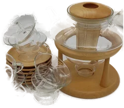 Jenaer Glas Teeservice 6 Tassen und Untersetzer u. Teekanne mit Teewärmer – Vorschau 3