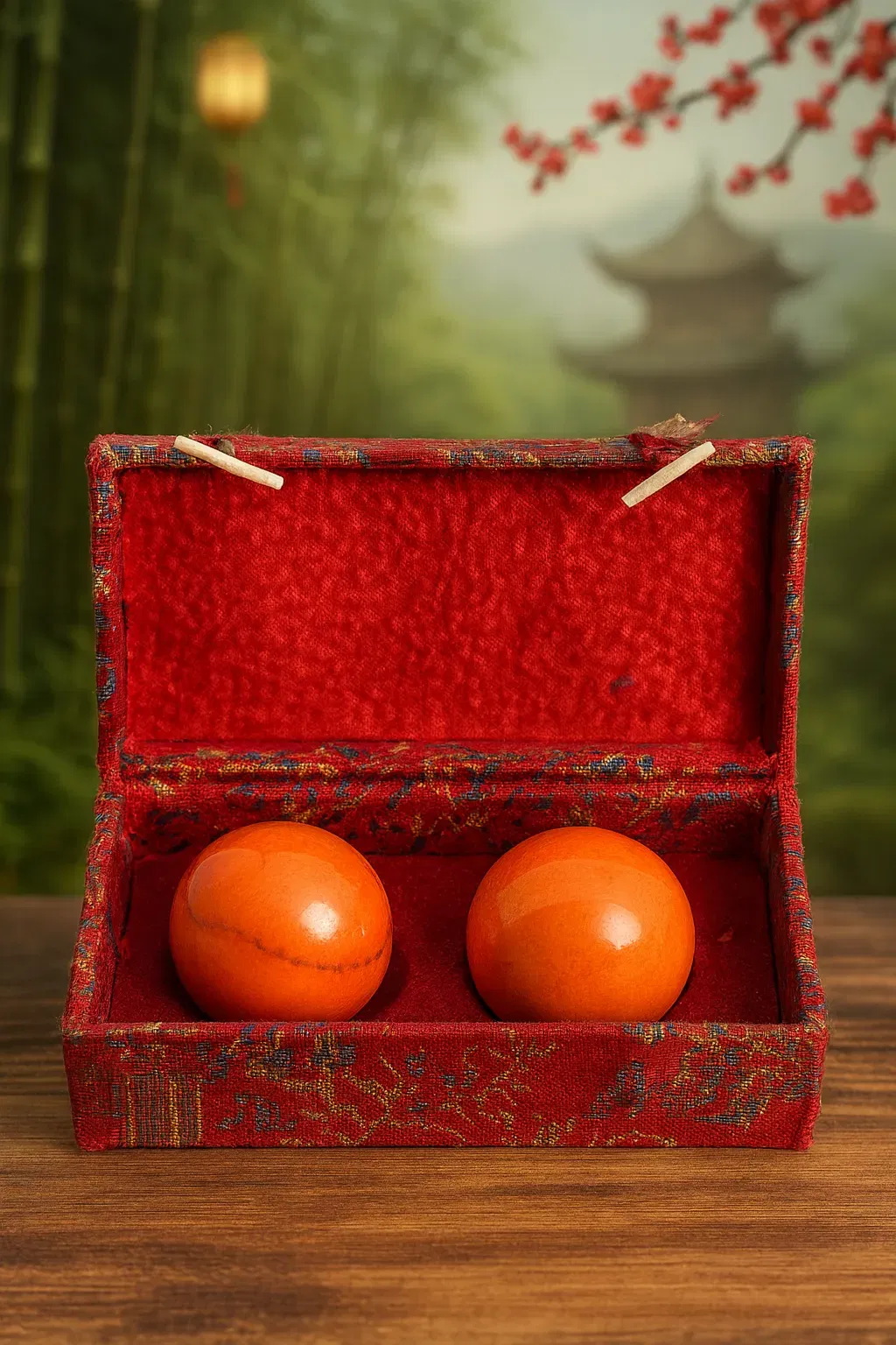 Chinesische Baoding Kugeln im bestickten roten Etui – 2 Massagekugeln – traditionell - Bild 1