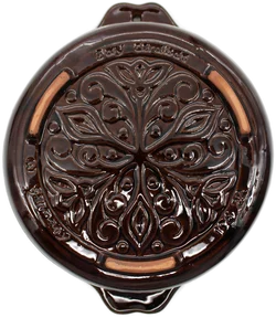 Keramik-Auflaufform, braun glasiert, Ø ca. 21,5 cm, Tiefe ca. 5,5–6 cm, Westdeutschland, Griffe mit Herz-Ösen - Bild 3