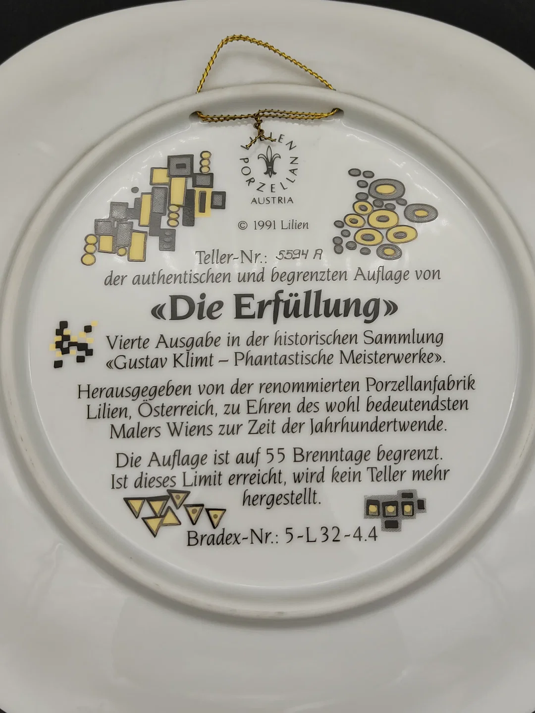 Lilien Porzellan - Sammelteller "Die Erfüllung" Gustav Klimt / Teller-Nr.: 5594 A – Bild 3