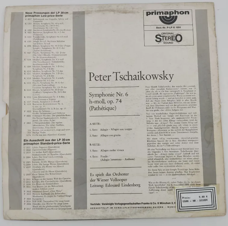 Schallplatte Tschaikowsky Symphonie Nr. 6, H-Moll OP. 74 - Wiener Volksoper - Edouard Lindenberg – Bild 2