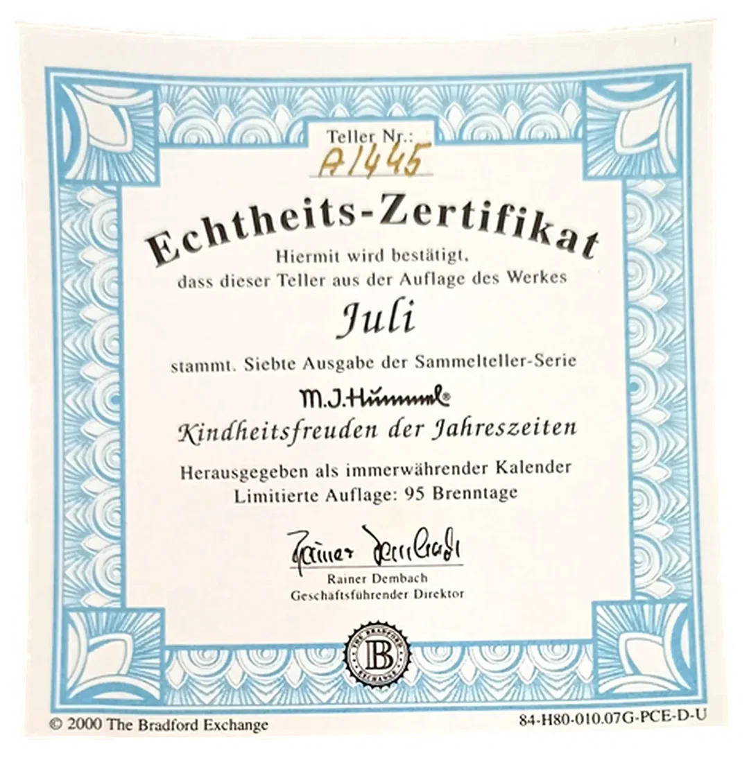 Sammelteller „Kindheitsfreuden der Jahreszeiten“ von M.I. Hummel - Juli (Teller A 1445) – Bild 3