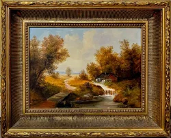 Ölgemälde Flusslandschaft mit Mühle, signiert H. Gruber, Goldstuckrahmen 54x44cm