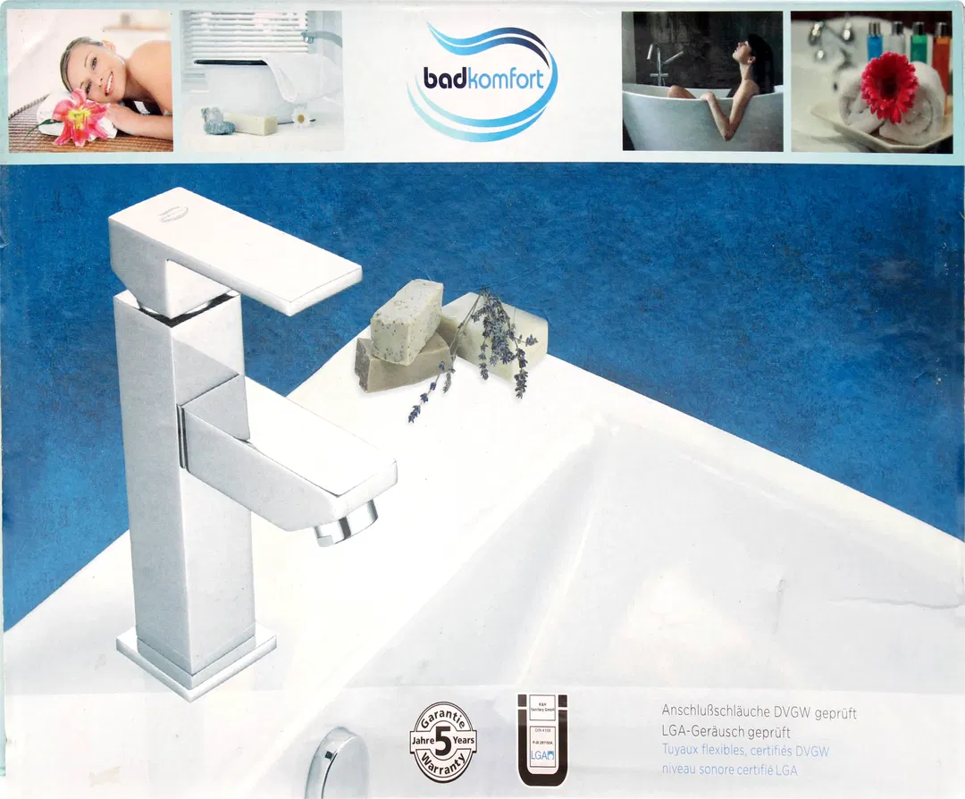 Badkomfort — Design-Waschtischarmatur Einhebelmischer, Chrom — Neu in OVP (Art. 110-0011, Barcode 4260105554976) - Bild 1