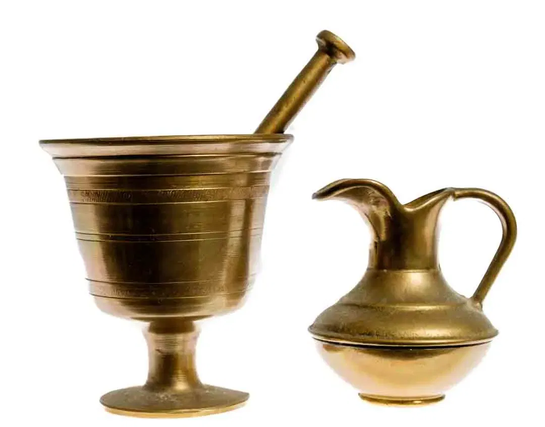 Antikes Set – Messing Mörser mit Stößel & kleine Kanne | Deko Sammlerobjekte - Bild 1