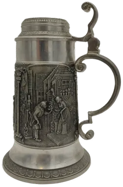 Vintage Zinn-Bierkrug mit Stadtleben-Motiven, 95% Zinn - Bild 3