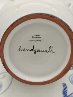 Fayence-Birnkrug mit detailreicher Vogel- und Astmalerei, handgemalt mit Zinndeckel – Vorschau 7