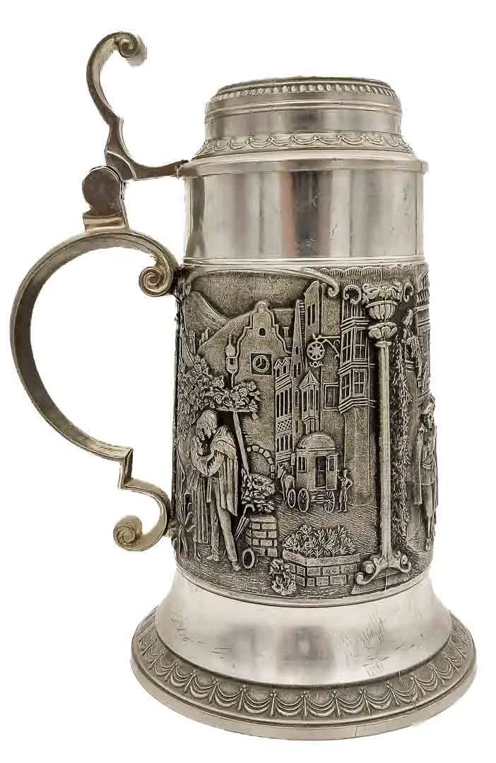 Vintage Zinn-Bierkrug mit Stadtleben-Motiven, 95% Zinn - Bild 4