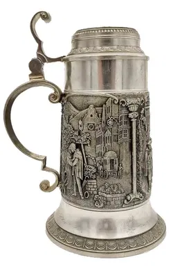 Vintage Zinn-Bierkrug mit Stadtleben-Motiven, 95% Zinn - Bild 1