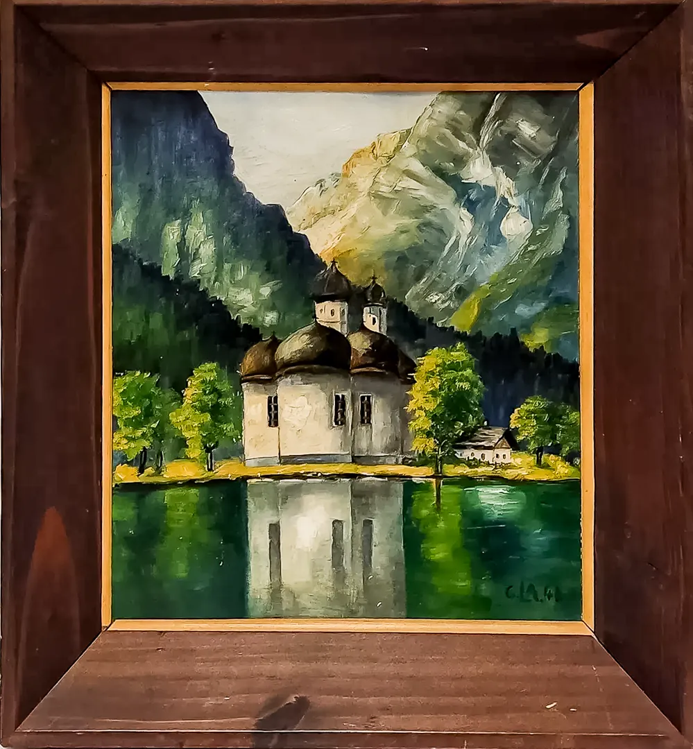 Ludwig Alteneder Ölgemälde St. Bartholomä am Königssee 1946 signiert gerahmt - Bild 4