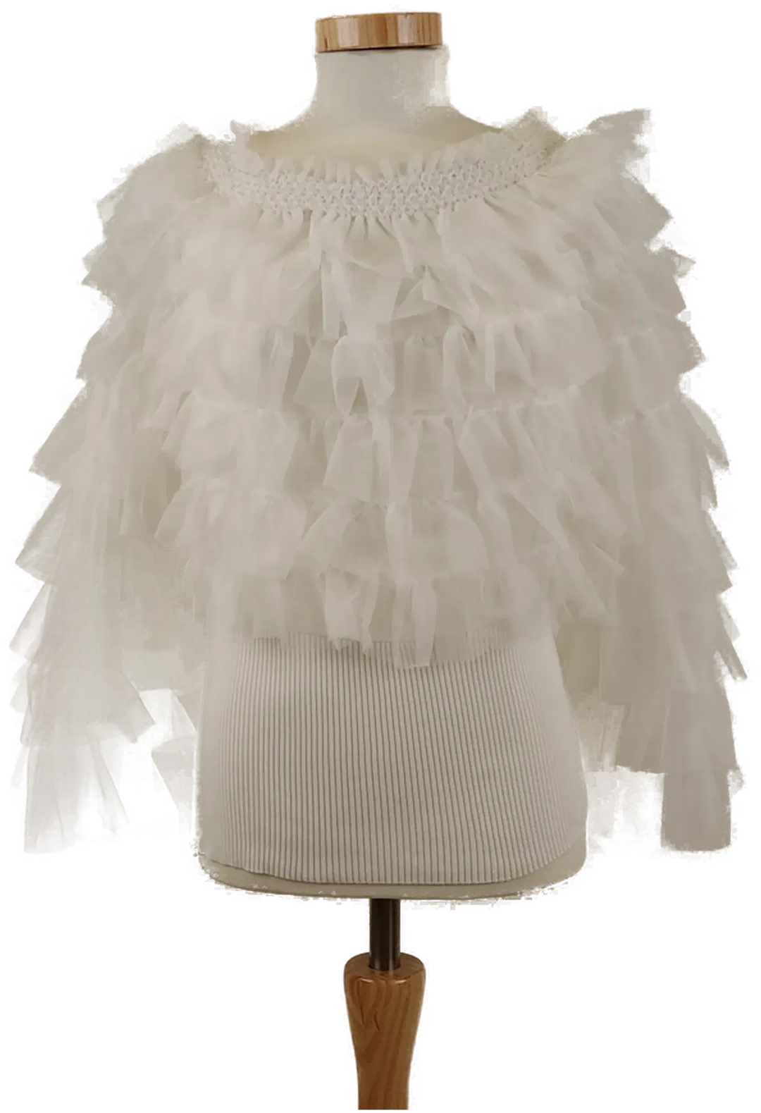 Damen Bluse weiß mit Tüll-Volants, Unterfüttert, Gummizug am Ausschnitt, Gr. S/M - Bild 1