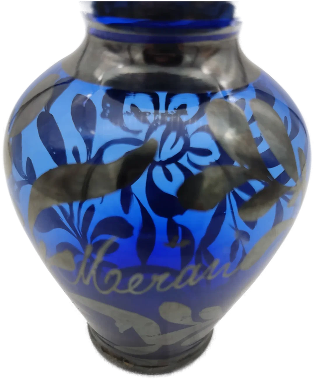 Venezianische Murano-Glaskunst-Vase, kobaltblau mit floraler Silberauflage und Schriftzug Meran, mundgeblasen, Höhe 11cm – Bild 4