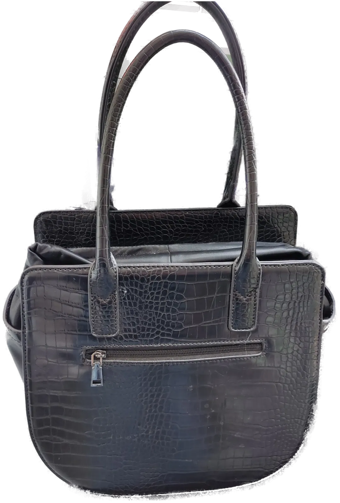 Damenhandtasche schwarz, Lederimitat mit Krokoprägung - Bild 1