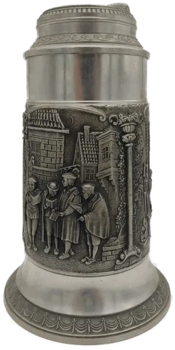 Vintage Zinn-Bierkrug mit Stadtleben-Motiven, 95% Zinn - Bild 2