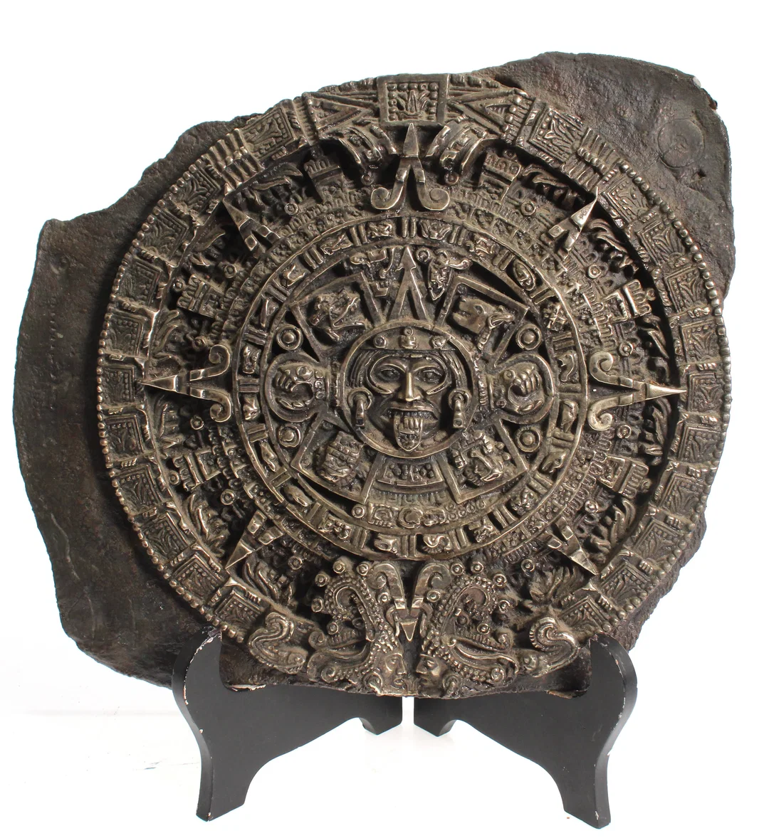 Azteken Sonnenkalender – Wandrelief 36 x 31 cm – Kunststein Deko mit Holzständer – Bild 2