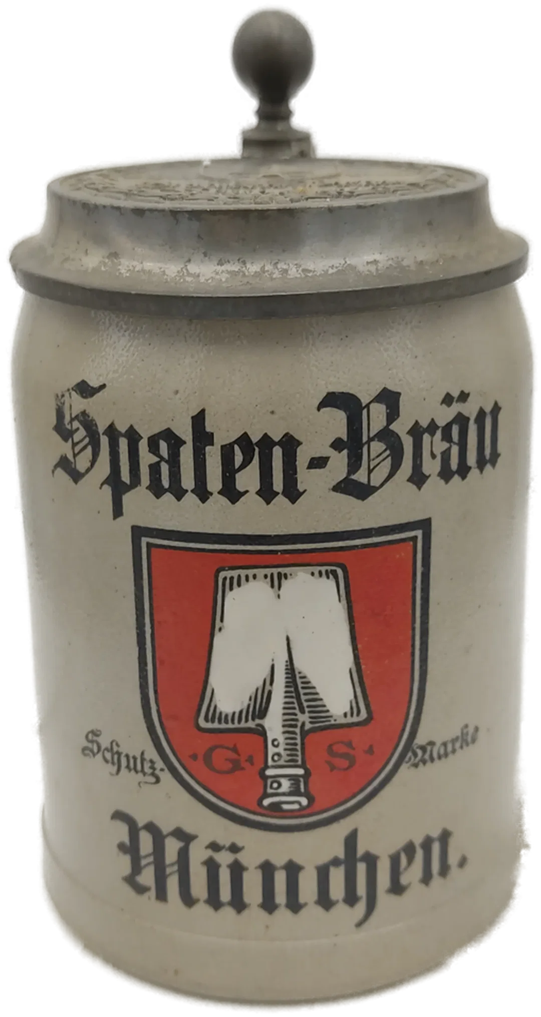 Bierkrug Spaten-Bräu München Steinzeug, Geprägter Zinndeckel 0,5 L | Sammlerstück - Bild 1