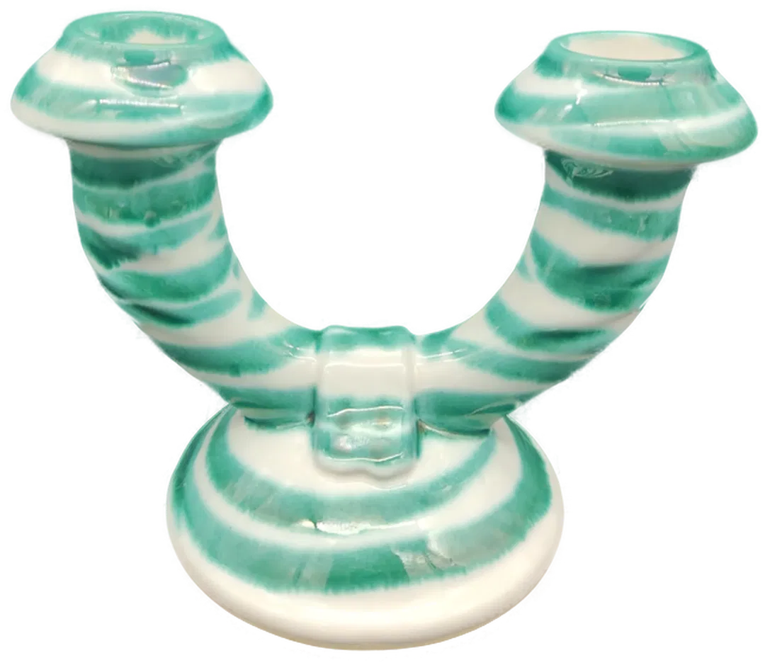Gmundner Keramik / Kerzenleuchter 2-armig / grüngeflammt - Bild 1