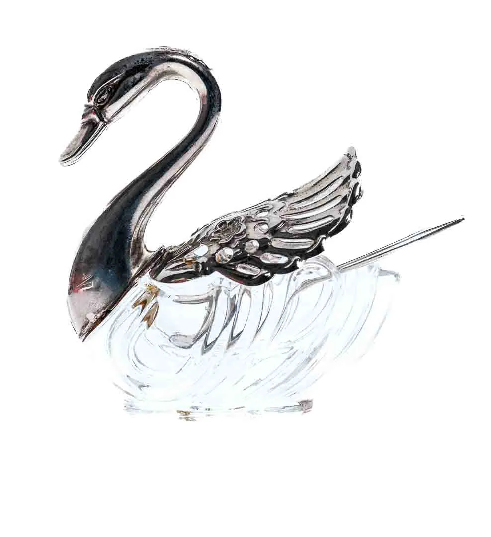 Zuckerdose Schwan mit Löffelchen versilbert/Glas - Bild 1