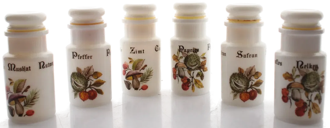 Vintage Gewürzglas-Set aus Porzellan (6-teilig) – mit floralen Motiven & Beschriftung - Bild 4