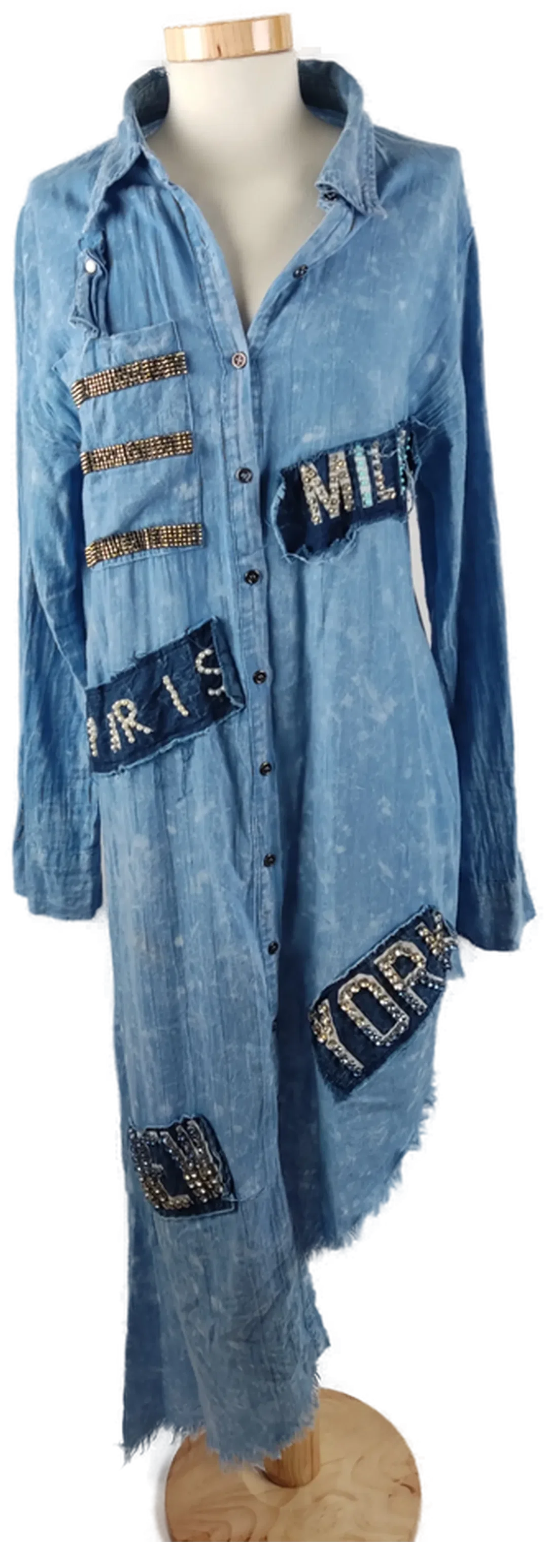 Asymmetrisches Langes Damenkleid in Jeansoptik, Langarm mit Aufnähern, Gr. L - Bild 1