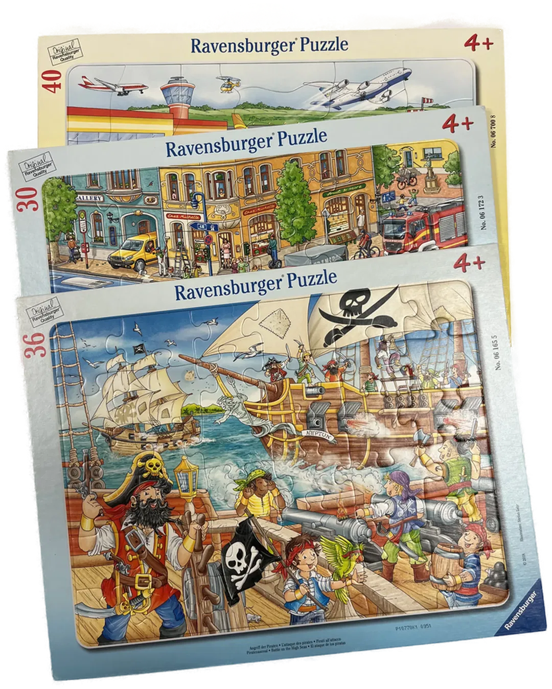 RAVENSBURGER PUZZLE (3er Pkg) Angriff auf die Piraten, Unterwegs in der Stadt, Kleiner Flugplatz ab 4 jahre - Bild 1