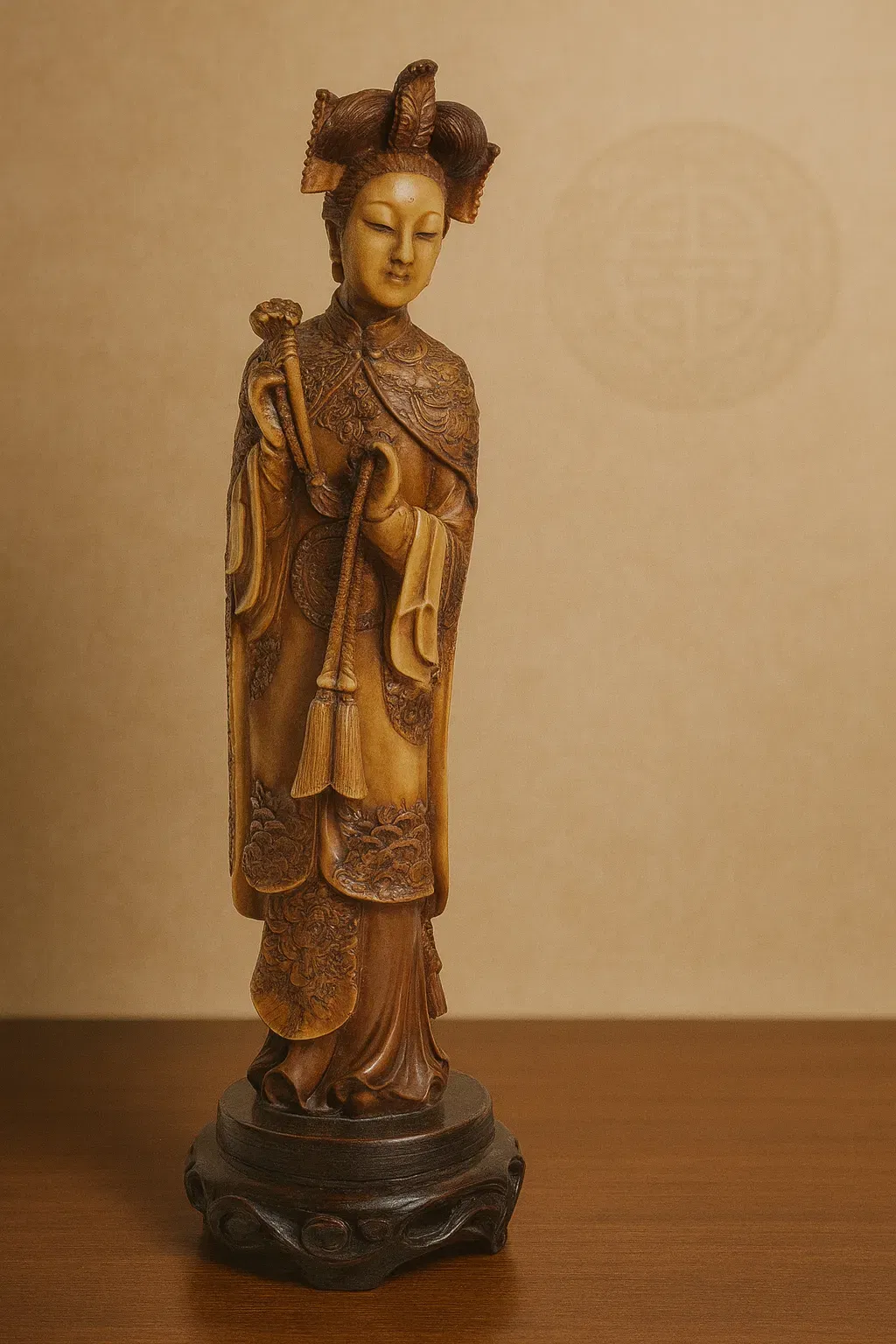 Chinesische Hofdamen-Figur auf Holzsockel, feine Reliefarbeit, Kunstharz in Elfenbeinoptik, ca. 35 cm - Bild 4