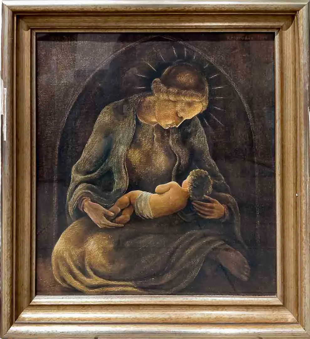 Ölgemälde Madonna mit Kind, signiert R. Moroder 1944, Goldrahmen 58x60cm – Bild 1