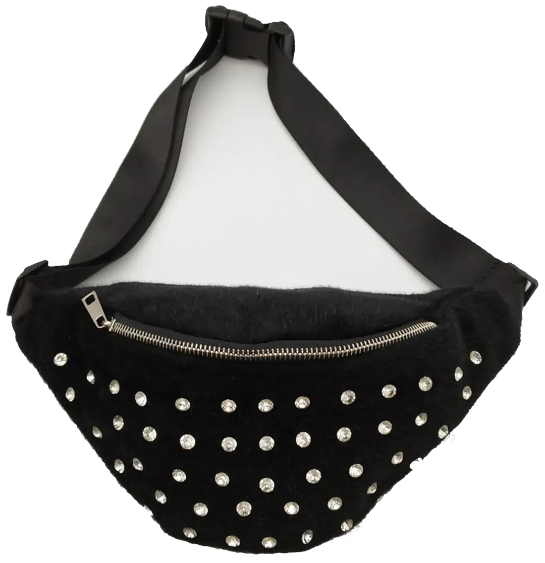 Bauchtasche Schwarz Felloptik mit Strass | Einmaliges Unikat - Bild 1