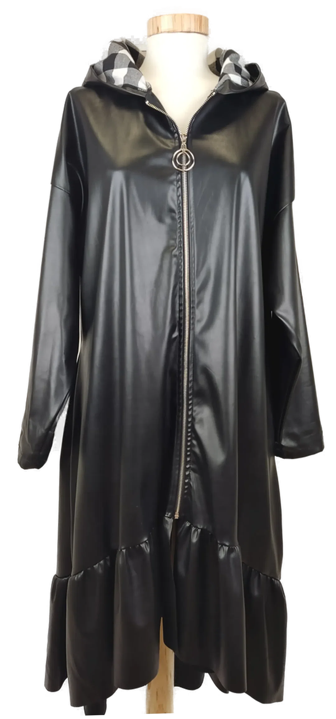 Damen Kunstleder Mantel mit gefütterter Kapuze, Volants, Gr. onesize - Bild 1