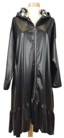 Damen Kunstleder Mantel mit gefütterter Kapuze, Volants, Gr. onesize - Bild 1