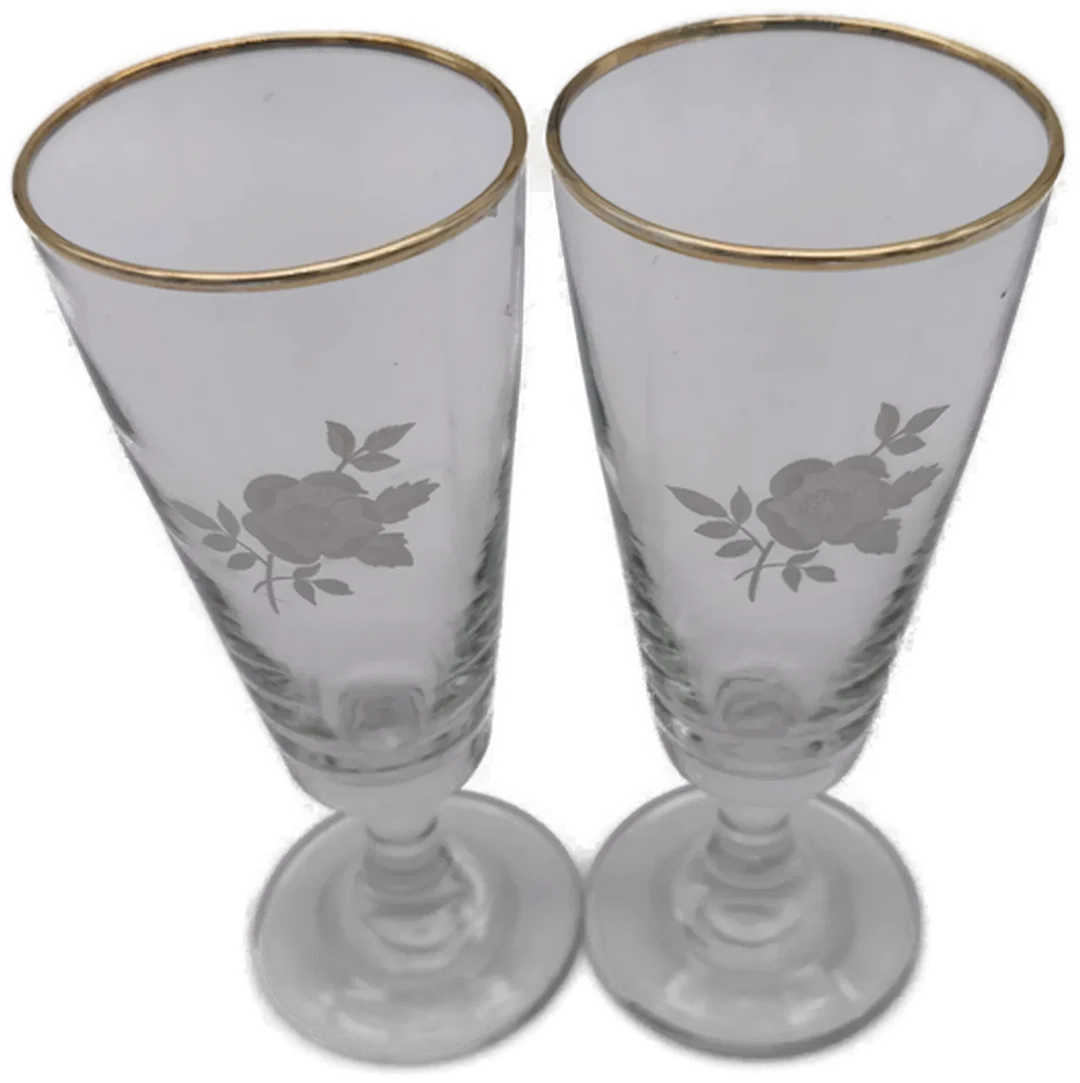 2 Stk. Vintage-Sektflöten/Champagnergläser, Goldrand, geätztem Rosendekor, 1960er/1970er  – Bild 2
