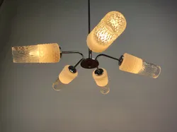 Mid-Century Deckenlampe 5-flammig / silberfarben mit weißen Glas/Milchglas Schirmen - Bild 2
