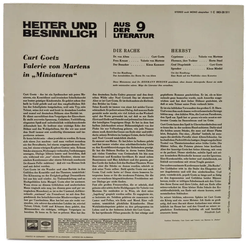 Vinyl LP - Curt Goetz, Valerie von Martens - Miniaturen, Die Rache Herbst  – Bild 2