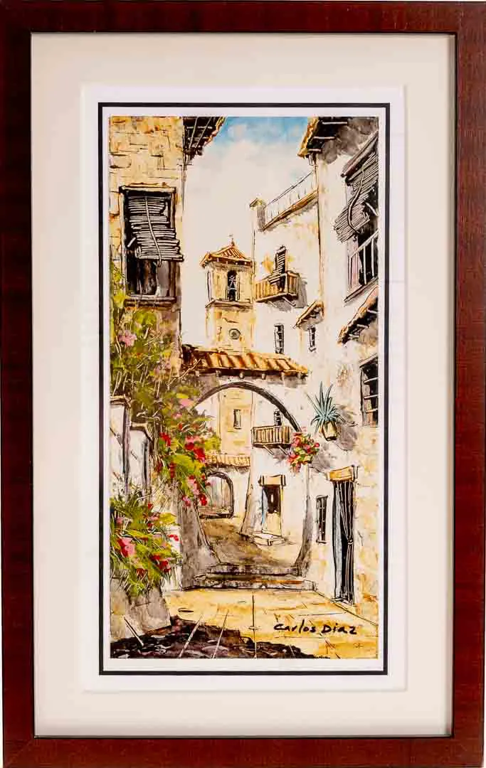 Carlos Diaz Wandbild – mediterrane Straßenszene, signiert, gerahmt - Bild 1