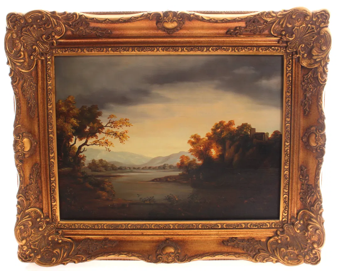 Ölgemälde Landschaft mit Fluss und Burg – Öl auf Holz, gerahmt, 40x30 cm - Bild 1