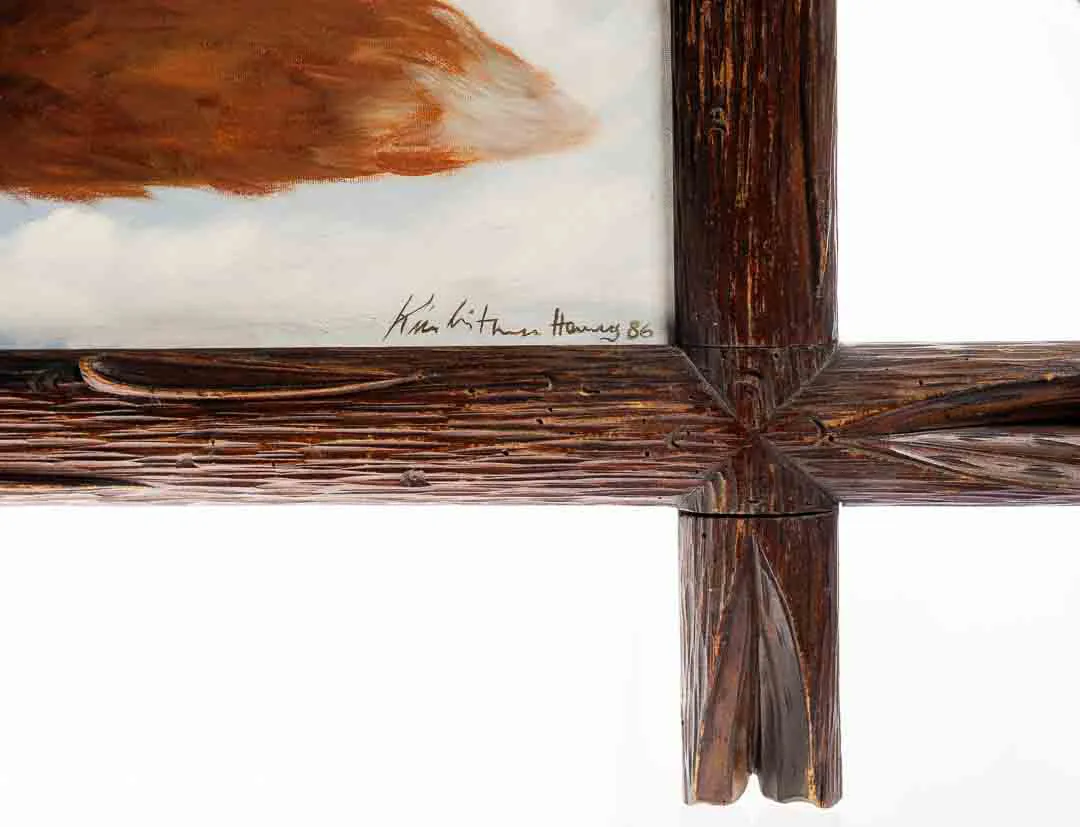 Fuchs im Schnee – Ölbild, rustikaler Holzrahmen, signiert 1986, 90×76,5 cm – Bild 3