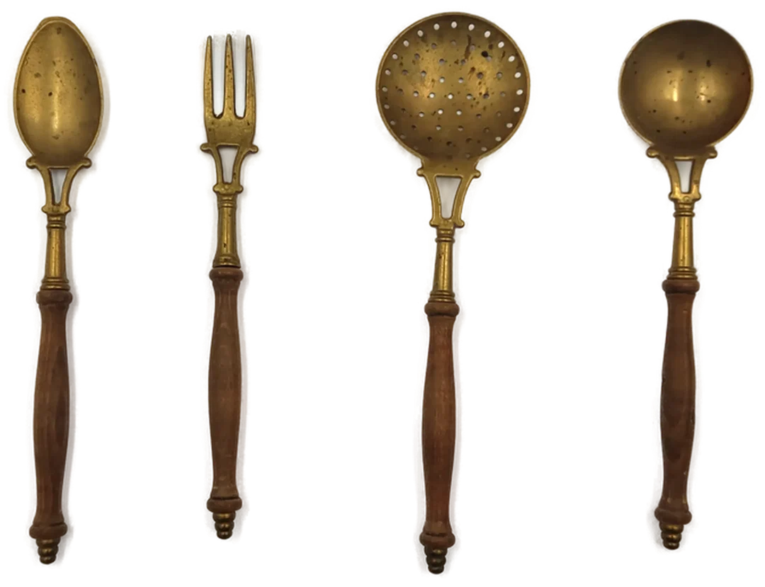 Vintage Servierbesteck aus Messing & Holz 4er Set  – Bild 2